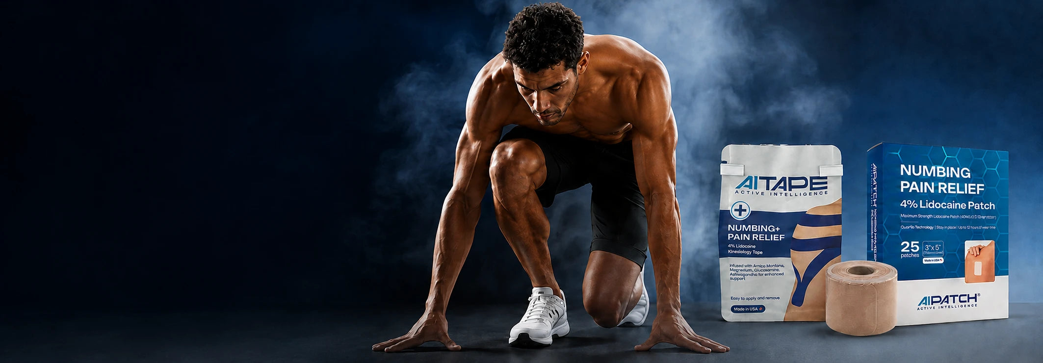 Active Intelligence Numbing + Pain Relief 1% lidocaine kinesiology tape and 4% lidocaine patches with male athlete