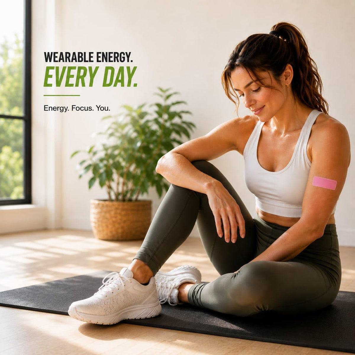 Woman wearing AI Energy Patch on her arm for everyday energy and focus