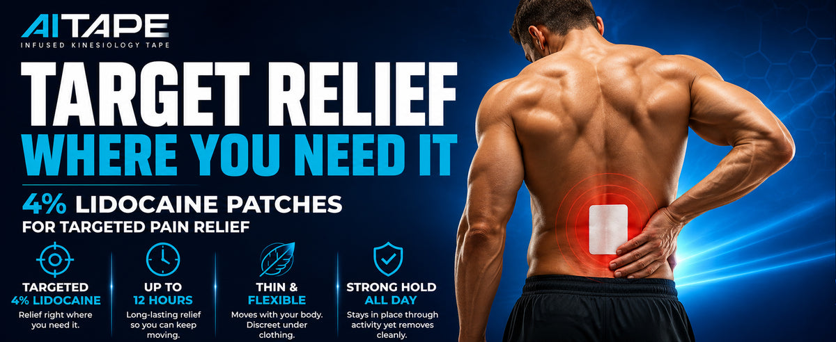 AITAPE target relief where you need it promo for 4 percent lidocaine patches showing an athlete with a patch on his lower back and key features including up to 12 hours relief, thin and flexible fit, and strong hold all day.