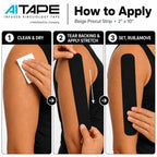 AITAPE 'How to Apply' infographic showing three numbered steps for kinesiology tape application on a shoulder: 1. Clean & Dry, 2. Tear Backing & Apply Stretch, 3. Set, Rub, & Move.