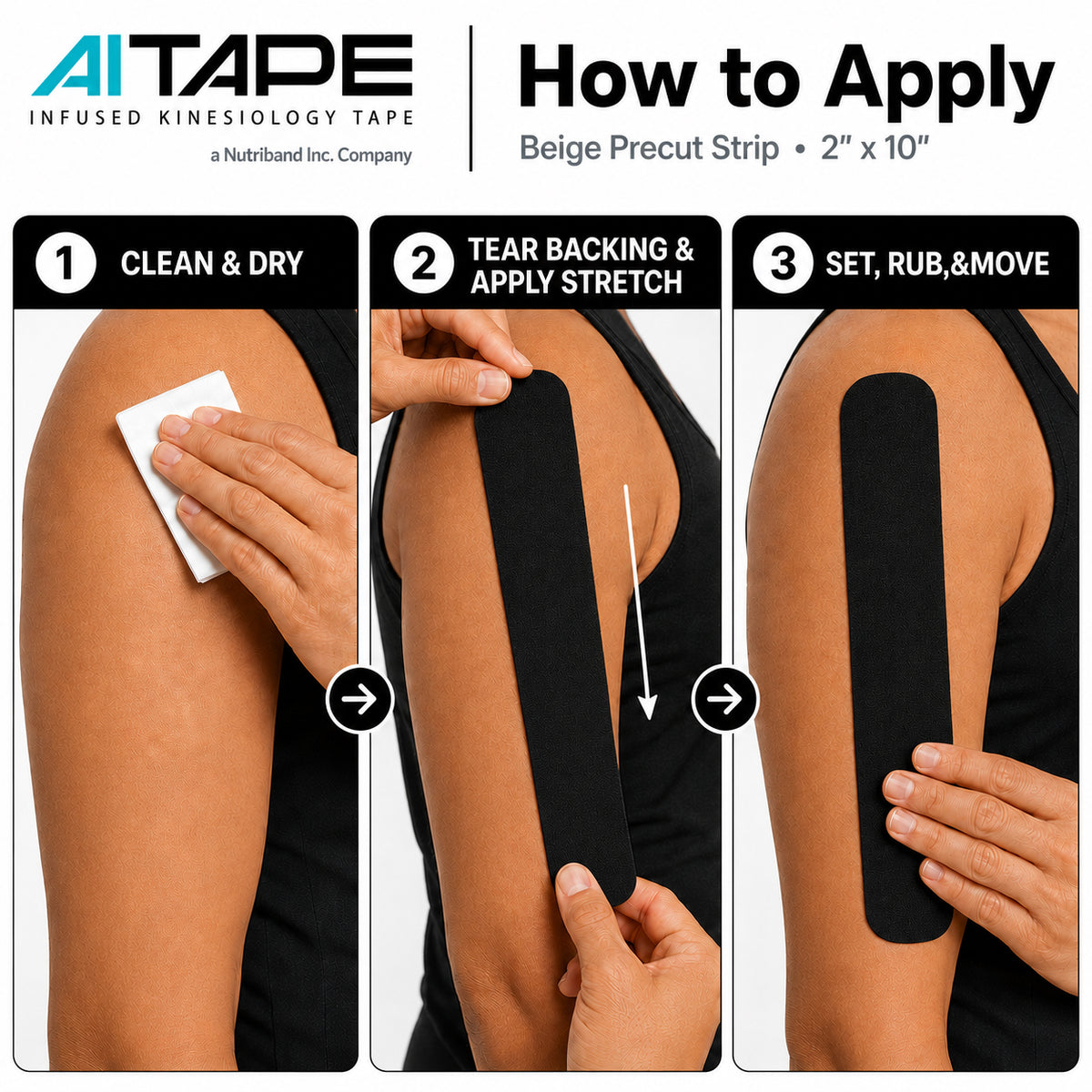 AITAPE 'How to Apply' infographic showing three numbered steps for kinesiology tape application on a shoulder: 1. Clean & Dry, 2. Tear Backing & Apply Stretch, 3. Set, Rub, & Move.