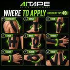 AITAPE 'Where to Apply' infographic grid demonstrating black kinesiology tape placement on 9 body areas including shoulder, ankle, shin, thigh, knee, wrist, hand, elbow, and neck.