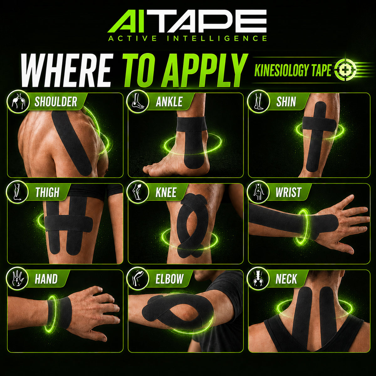AITAPE 'Where to Apply' infographic grid demonstrating black kinesiology tape placement on 9 body areas including shoulder, ankle, shin, thigh, knee, wrist, hand, elbow, and neck.