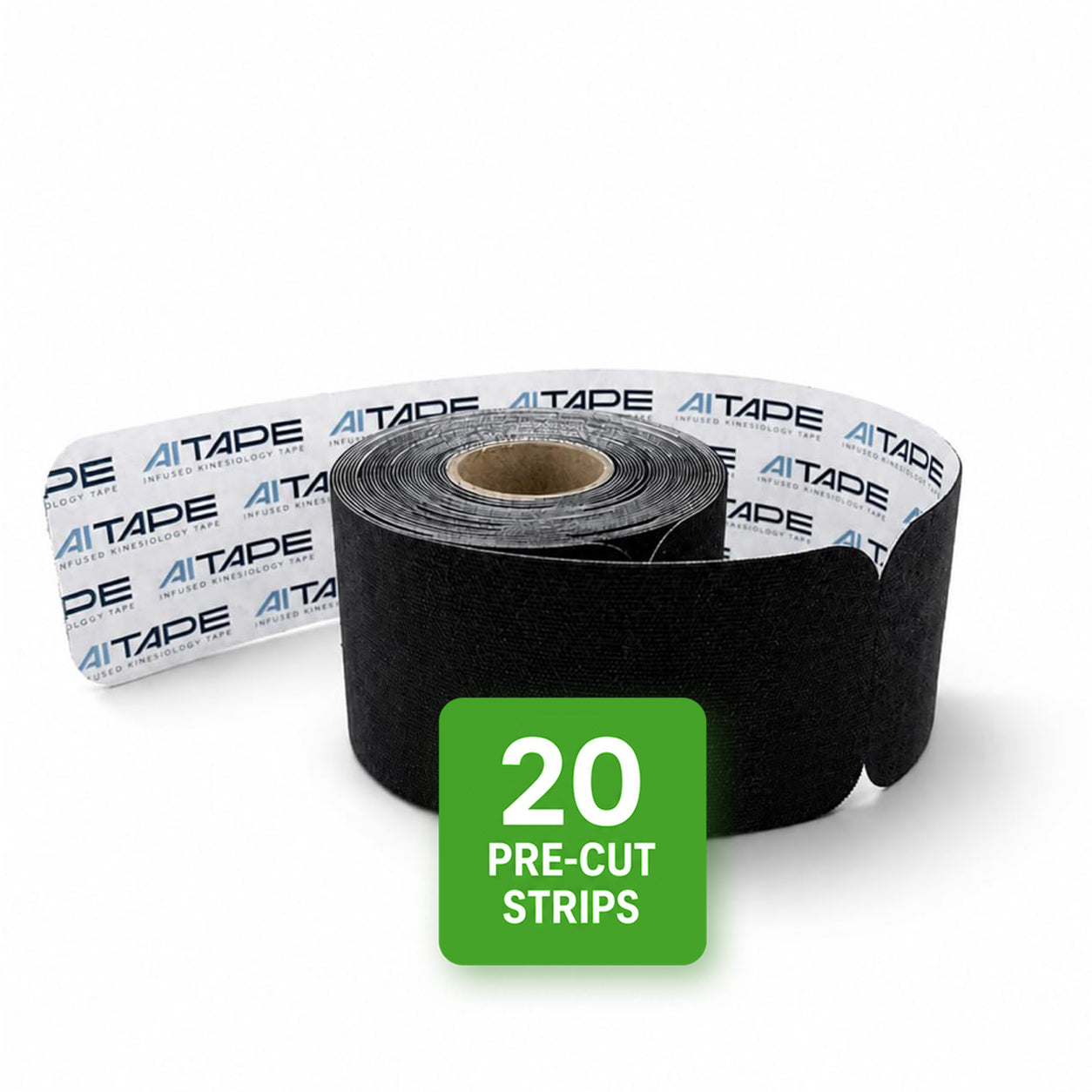 A roll of black AITAPE Kinesiology Tape showing the branded paper backing, with a green icon highlighting 20 pre-cut strips.