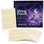 AIPATCH Active Intelligence Sleep Patch pouch and sheets of beige pre-cut wearable sleep patches formulated with Suntheanine, melatonin, and ashwagandha.