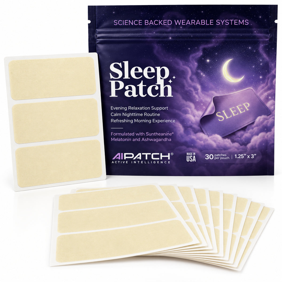 AIPATCH Active Intelligence Sleep Patch pouch and sheets of beige pre-cut wearable sleep patches formulated with Suntheanine, melatonin, and ashwagandha.