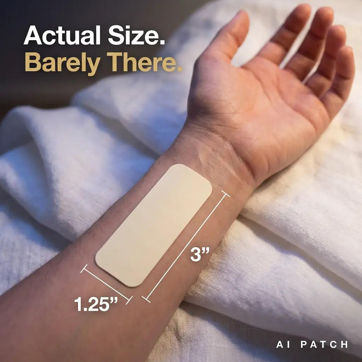 AI PATCH actual size demonstration showing a beige 1.25 by 3 inch sleep patch applied comfortably on a person's inner wrist.