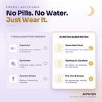 AI Patch format advantage comparison infographic contrasting typical nighttime formats like capsules, gummies, and powder drinks with the AI Patch sleep patch featuring a wearable design with nothing to swallow and pre-cut ready strips.