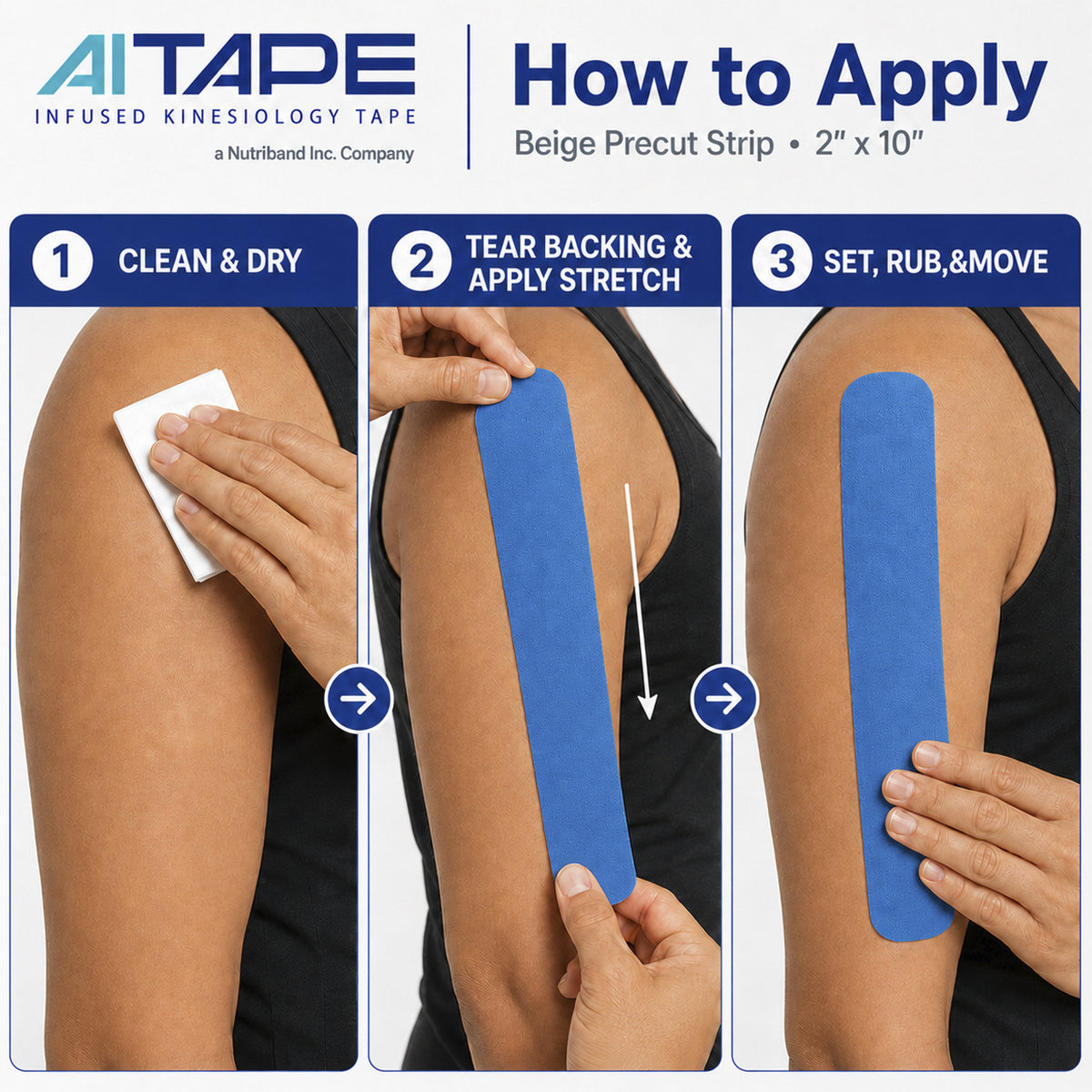 AITAPE How to Apply guide showing three simple steps: 1 Clean and dry the skin, 2 Tear backing and apply stretch with a blue precut kinesiology tape on a shoulder, 3 Set, rub, and move.