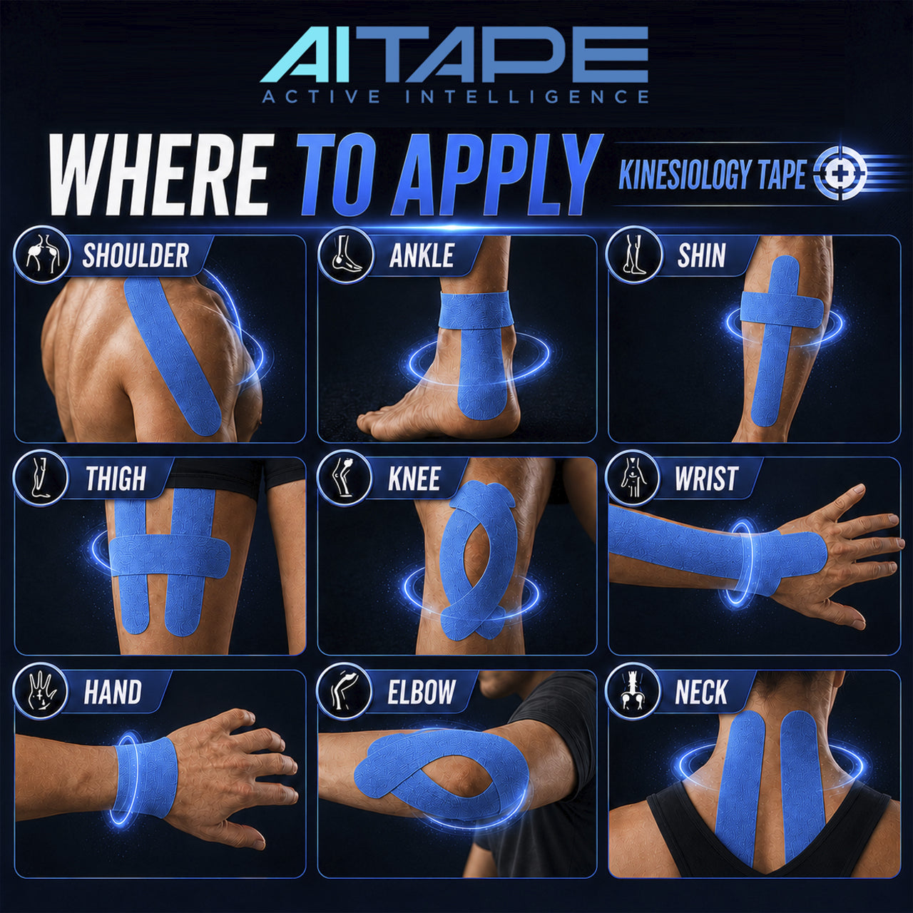 AITAPE Active Intelligence Where to Apply guide showing blue kinesiology tape applications on various body parts including the shoulder, ankle, shin, thigh, knee, wrist, hand, elbow, and neck.