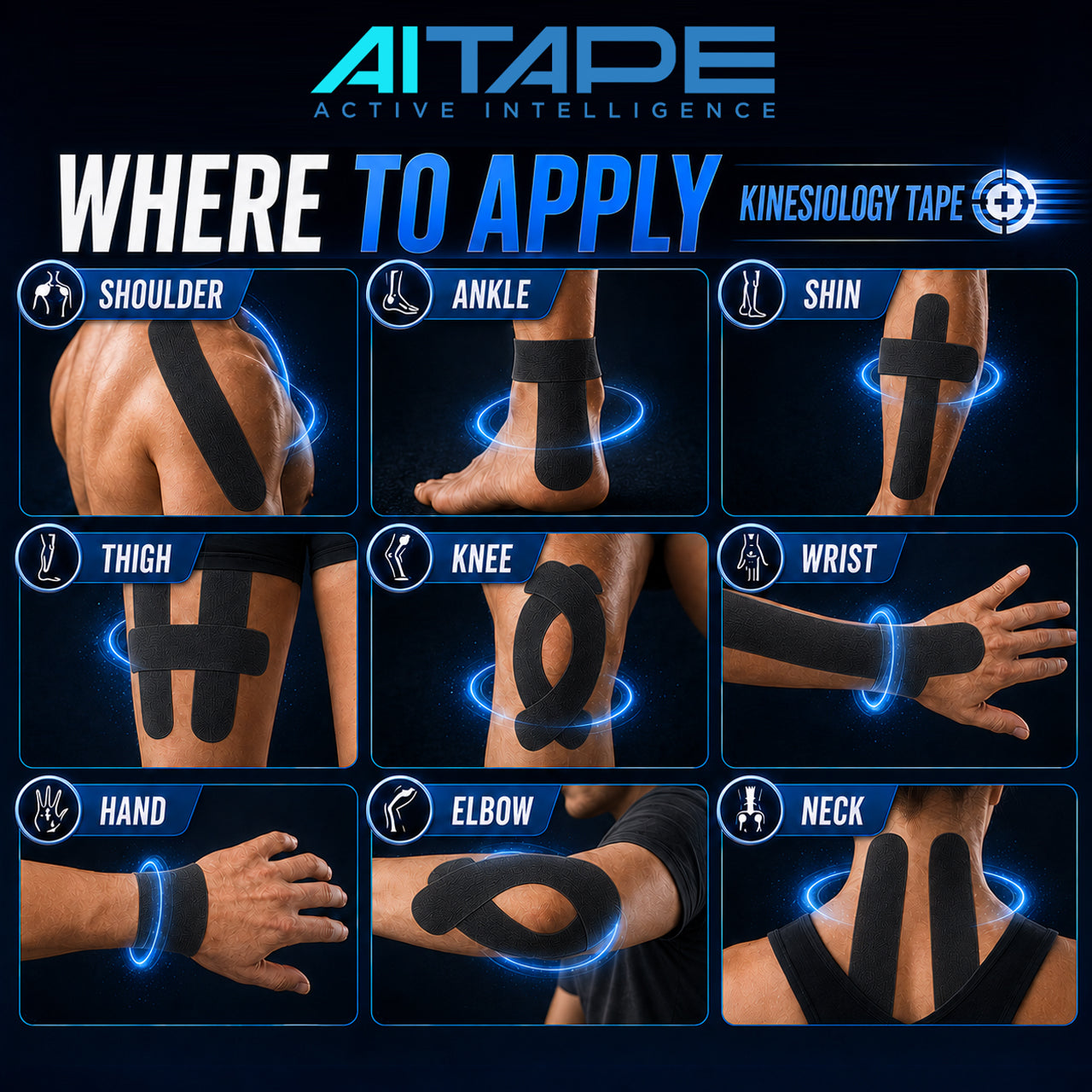 AITAPE 'Where to Apply' kinesiology tape infographic grid showing blue neon circles around 9 targeted body areas, from shoulder to neck.