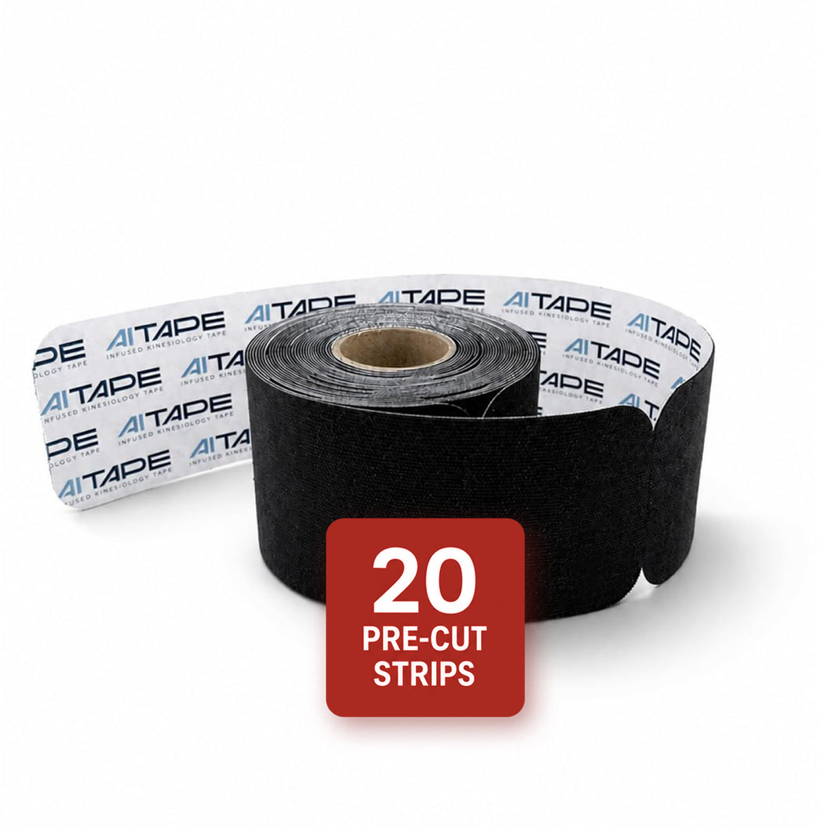 A roll of black AITAPE Kinesiology Tape showing the branded paper backing, with a red icon highlighting 20 pre-cut strips.