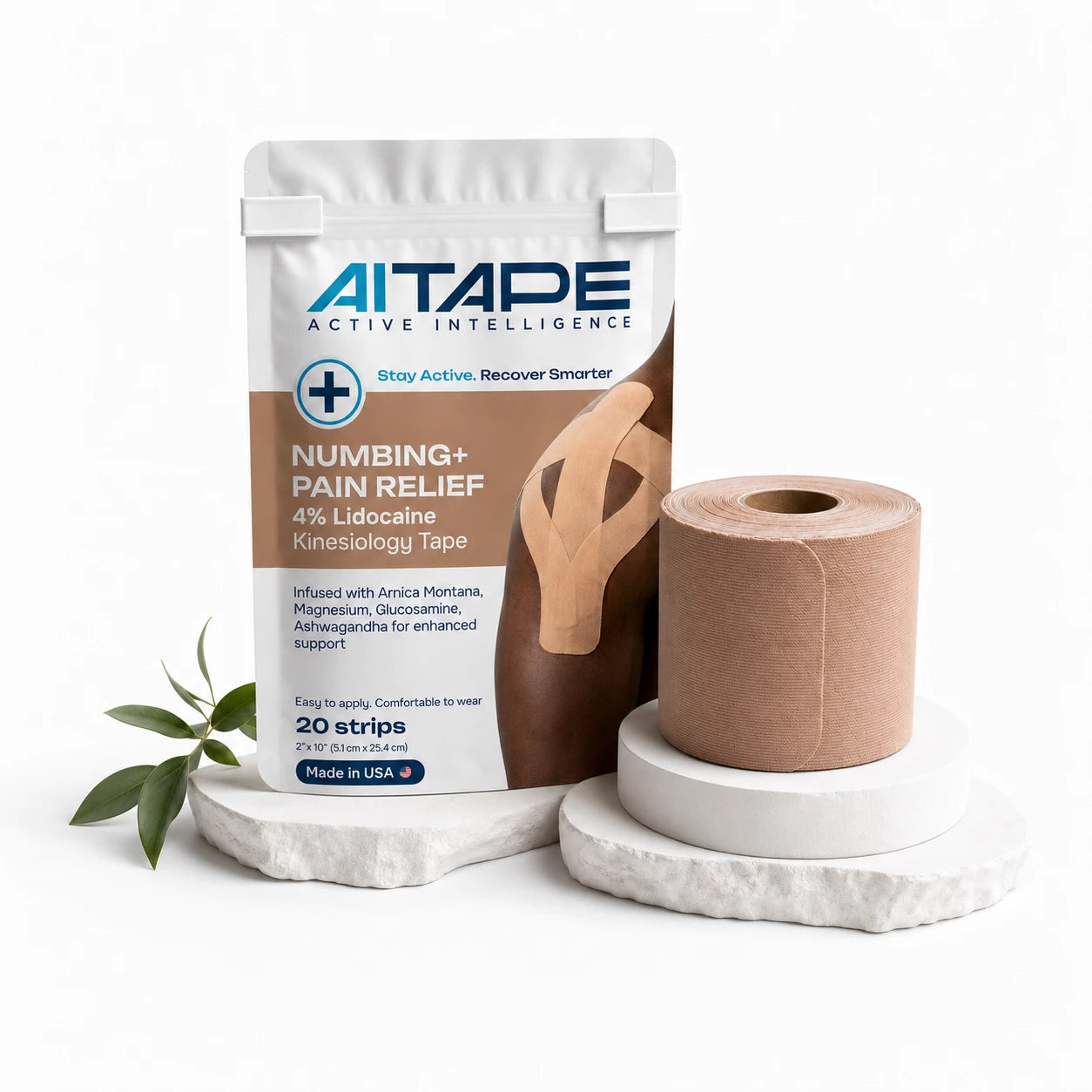 AITAPE 4% Lidocaine Kinesiology Tape packaging and a nude-colored tape roll on a white display stand.
