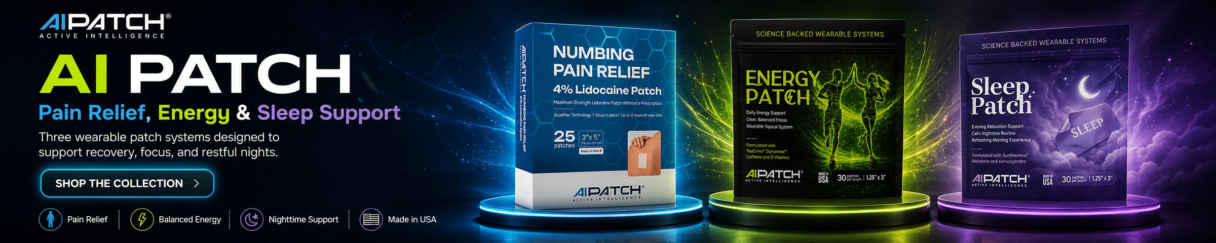 AIPATCH Active Intelligence banner - Pain Relief, Energy, and Sleep Support patch systems for recovery, focus, and restful nights
