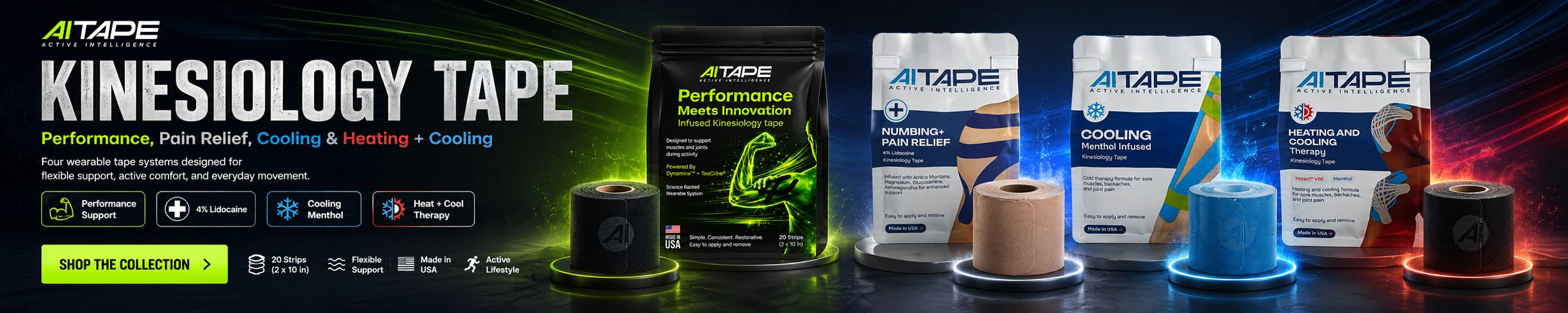 AITAPE Active Intelligence Kinesiology Tape desktop banner - performance, pain relief, cooling, and heating wearable tape systems for flexible support