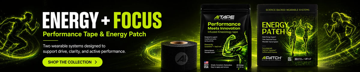Active Intelligence Energy + Focus desktop banner - Performance Tape and Energy Patch systems designed to support drive, clarity, and active performance