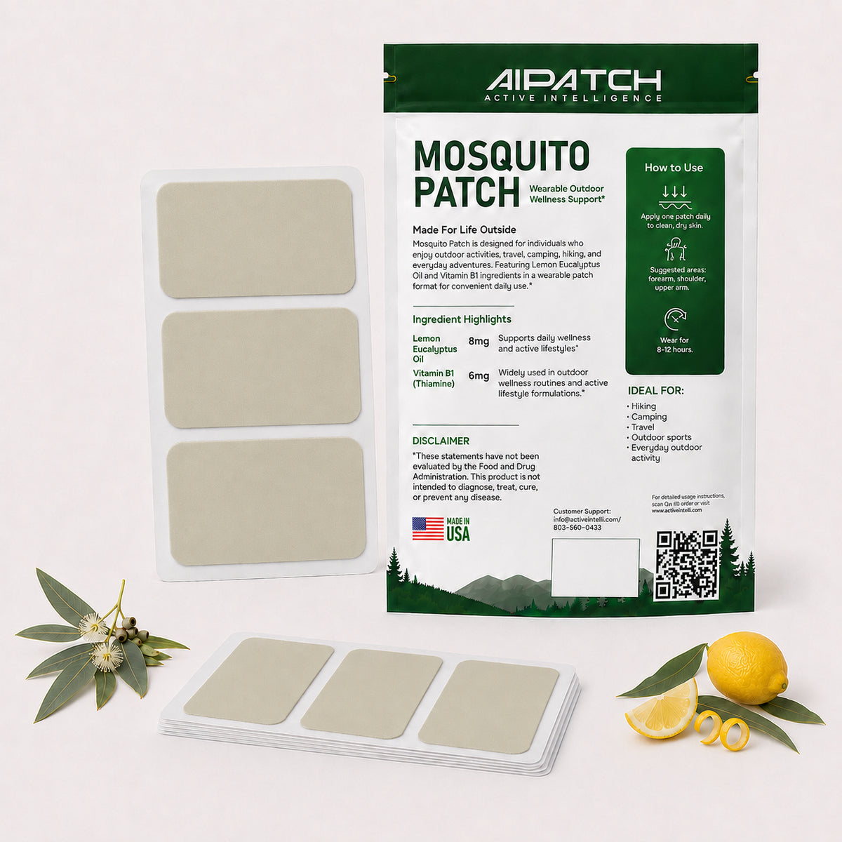 Green Aipatch Mosquito Patch packaging with herbs and a lemon slice