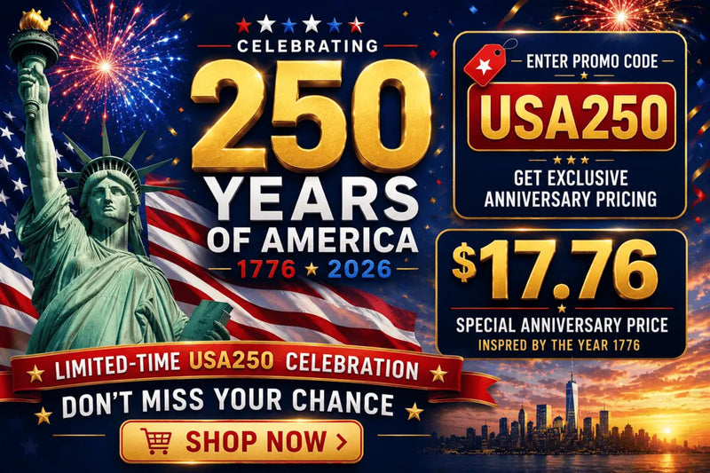 Active Intelligence "USA250 Celebration" promotional banner featuring the Statue of Liberty, US flag, and NYC skyline. Text displays a special anniversary price of $17.76 with promo code USA250.