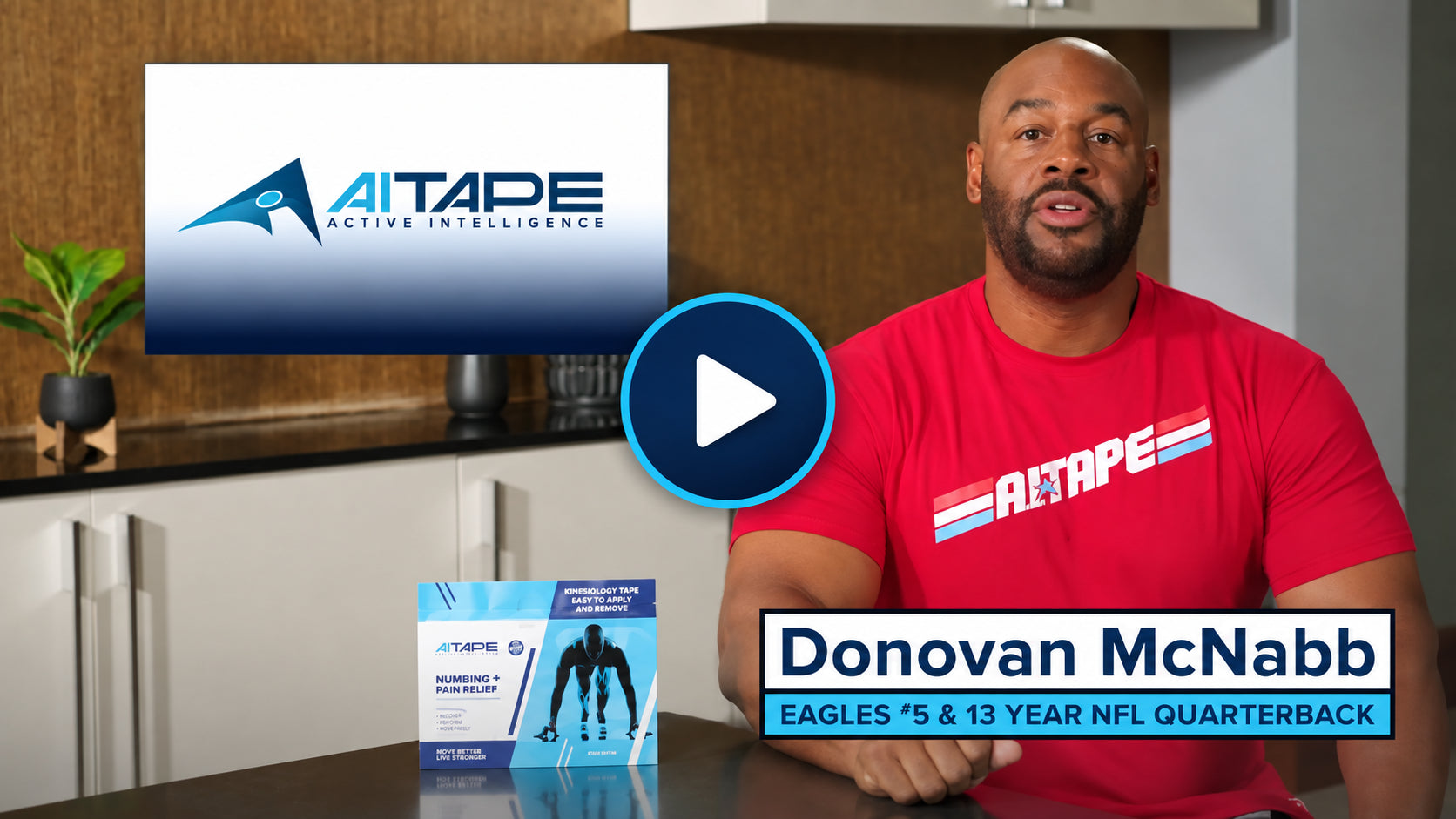 AI Tape Heating & Cooling Pain Relief Kinesiology Tape video featuring Donovan McNabb, highlighting USA-made wearable support for active lifestyles.